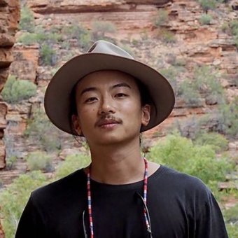 Student Masahiro in rocky landscape, regional Western Australia