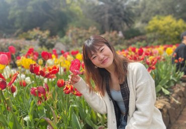 Student Sachiho sits beside a vast field of yellow, red and pink tulips. She smiles towards the camera, holding one of the tulips.